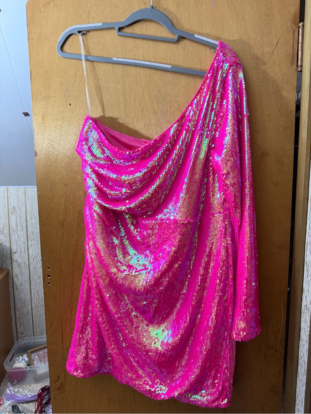Womens One-Shoulder Hot Pink Sequin Party Dress